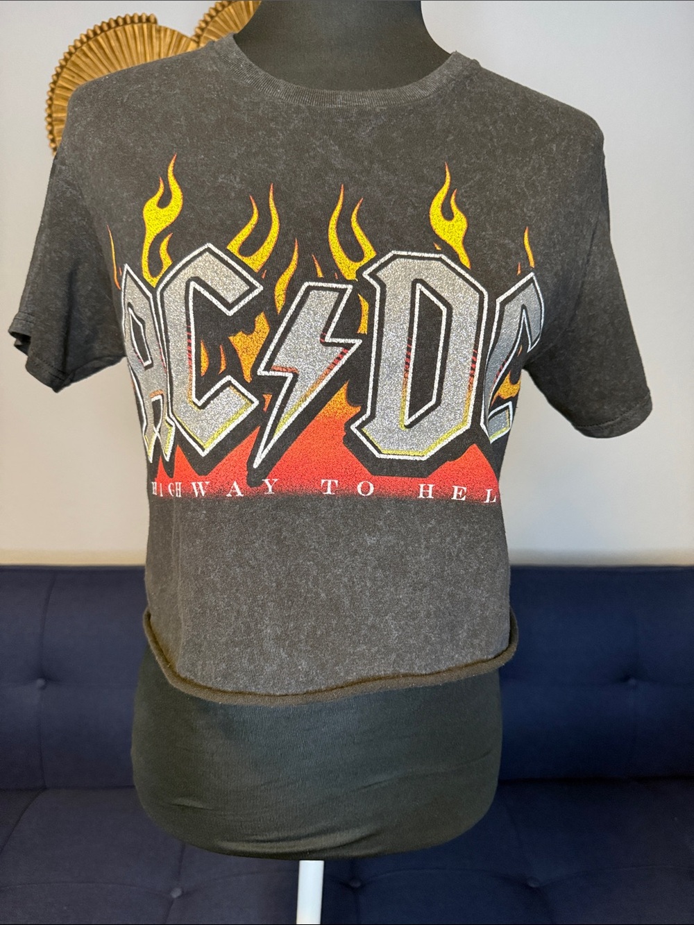 AC/DC Black Acid Wash “Highway to Hell” Cropped Graphic Tee size Small